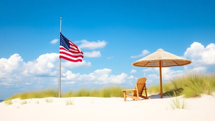 American flag at half mast on a beach with a chair and umbrella under a blue sky with white clouds | national beach day