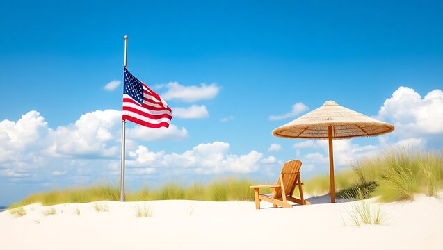 American flag at half mast on a beach with a chair and umbrella under a blue sky with white clouds | national beach day - Powered by Adobe