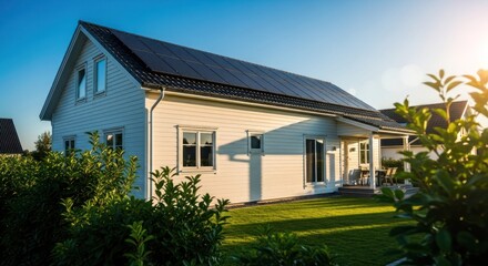 White house with solar panels, sunny day