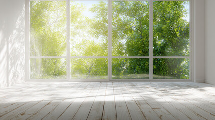 Bright sunlit interior offers serene views of lush greenery beyond beautiful wooden flooring