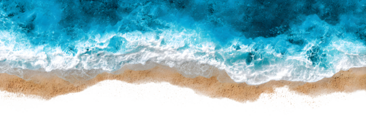 Stunning aerial view of vibrant turquoise ocean waves crashing onto a pristine sandy beach, perfect for travel and summer concepts.