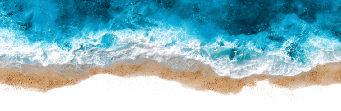 Stunning aerial view of vibrant turquoise ocean waves crashing onto a pristine sandy beach, perfect for travel and summer concepts.