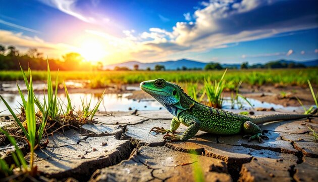 a close-up photo of a lizard in a swamp with a dry savanna landscape in the background
