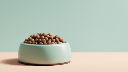Close-Up View of Pet Food Bowl Filled with Dry Kibble on Minimalist Background for Animal Enthusiasts and Owners