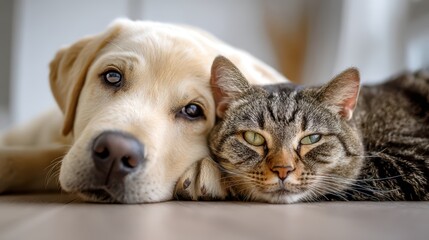 Close Companions: Adorable Dog and Cat Relaxing Together in a Cozy Indoor Setting