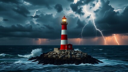 Lighthouse in a storm with lightning strikes and rough seas on a rocky island with dark cloudy sky | national beach day