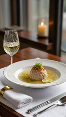Bakso served in a high end restaurant setting, with wine glass and elegant table setup, fine dining concept