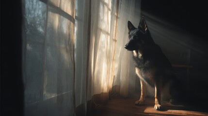 Dog Silhouette by Window with Soft Natural Light and Sheer Curtains Creating Tranquil Atmosphere