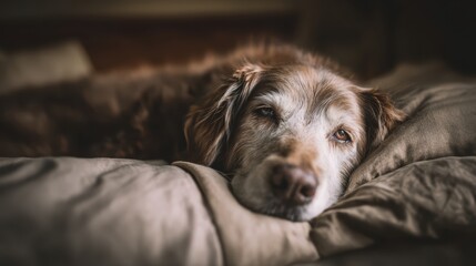 Tranquil Scene of a Golden Retriever Relaxing on a Cozy Bed with Soft Textiles in Home Environment