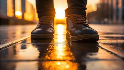 Morning light and the beginning of urban life. Shoes on a wet pavement reflecting a sunset, creating a warm, tranquil atmosphere.