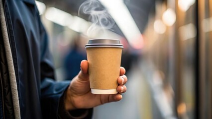 Morning light and the beginning of urban life. Steaming coffee cup held in hand, set against a blurred urban background.