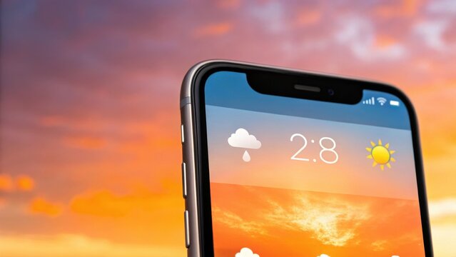 Morning light and the beginning of urban life. Smartphone displaying weather forecast against a colorful sunset background.