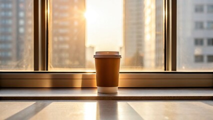 Morning light and the beginning of urban life. Warm coffee cup resting by a sunlit window with a cityscape backdrop.