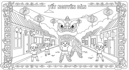 Fototapeta premium Joyful Christmas Coloring Page: Santa, Children, Presents, and Festive Fireplace Scene