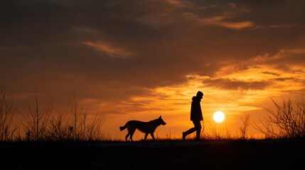 Silhouette of a Person Walking with a Dog Against a Vibrant Sunset Sky with Clouds and Golden Light
