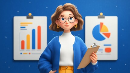 simple 3d cartoon illustration of a female blonde in casual wear analyzing business data