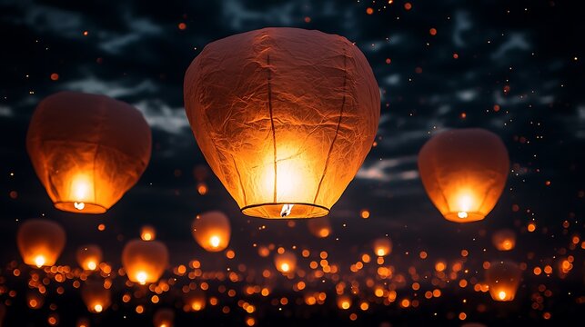 Many illuminated paper lanterns floating in the night sky.