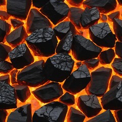 Detailed close-up view of black charcoal burning on a bed of intensely hot, glowing orange embers, creating a fiery and energetic texture.