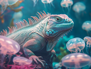 
A Dreamy Underwater Scene with a Green Iguana and Floating Jellyfish
녹색 이구아나와 떠다니는 해파리가 있는 몽환적인 수중 장면