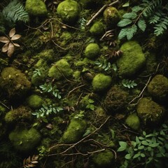 Overhead perspective of a verdant forest floor, showcasing a natural carpet of lush green moss, stones, and delicate fern leaves.