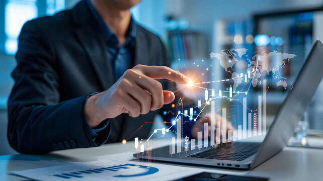 Dynamic businessman analyzing global market trends using modern laptop with glowing data charts overlay