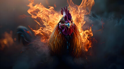 Fiery Rooster Portrait Against Flames