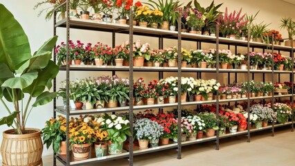 Obraz premium Shelf of organized grid of vibrant potted plants with colorful flowers and lush green leaves displayed on black metal racks, perfect for garden centers, home decor, landscaping ideas, cheerful warm i