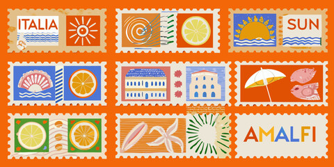 Italy and Amalfi Coast themed postage stamp collage on an orange background
