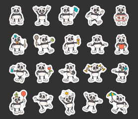 Panda groovy character set showing cute animals wearing different pose while holding various objects for happy and funny cartoon scenes, and for your designs projects