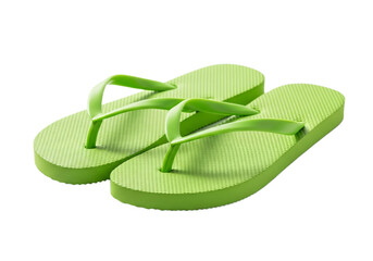 A pair of bright lime green rubber flip flop sandals with textured soles isolated on a transparent background for summer footwear concepts isolated on transparent background