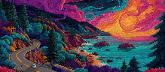 Vibrant coastal highway scene at sunset, with a car driving along a winding road carved into a colorful, forested cliffside overlooking a teal ocean.