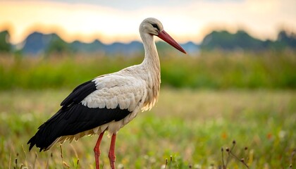 Stork in a field at sunset