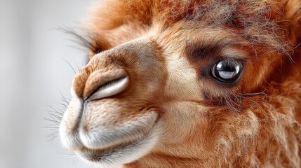 Naklejka premium Close-up Portrait of a Brown Alpaca Face with Detailed Fur and Eye