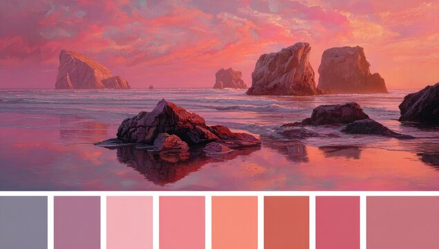 A serene coastal scene at sunrise, featuring large rocks and calm water, with a complementary color palette