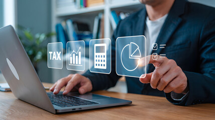 Professional analyzing taxes and business data with interactive financial analytics dashboard technology