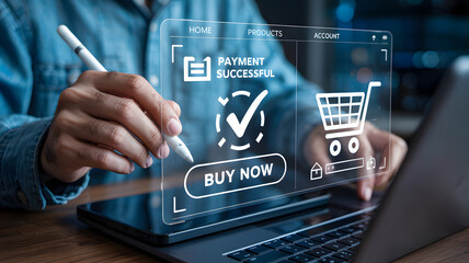 Effortless online shopping experience with successful payment and digital interface on laptop