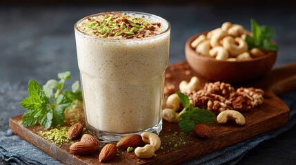 Healthy cashew smoothie with nuts and mint on a wooden board, close-up