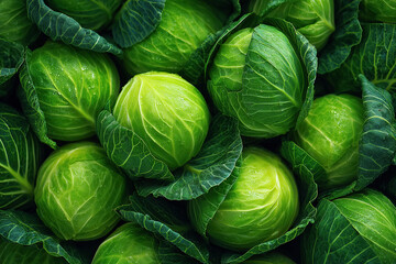 Fototapeta premium Fresh green cabbages with dewy leaves in abundant display