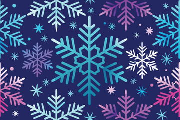  a vibrant seamless pattern featuring snowflakes in shades of blue, purple, and pink against a dark blue background, ideal for winter themes vector illustration