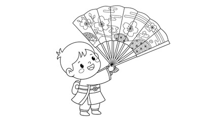 Adorable Line Art Hinamatsuri Dolls:  Traditional Japanese Girl's Day Festival Scene,  Cherry Blossoms,  Mount Fuji Backdrop.