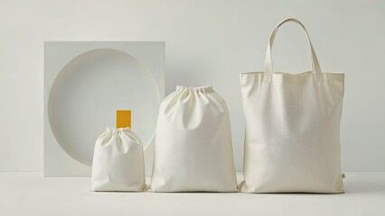 Shelf of organized white cotton drawstring bag pouch tote bag set with wooden button, minimalist packaging design for eco-friendly shopping, storage, or gift wrapping on neutral beige background