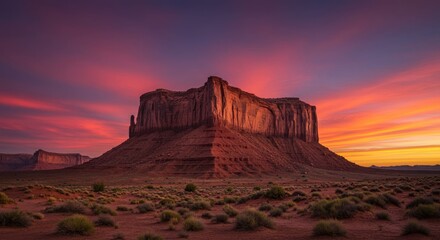 Monument Valley's Majestic Butte at Sunset: Fiery Skies and Red Rock Formations