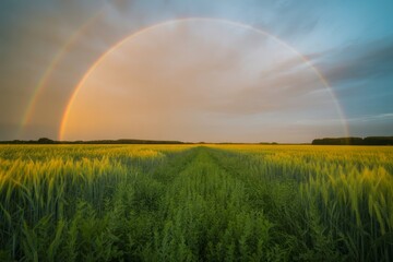 Naklejka premium Double rainbow over golden wheat field golden field