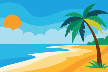  a serene tropical beach with a curving shoreline, a solitary palm tree, the sun setting over the calm ocean, and soft clouds in the sky vector illustration