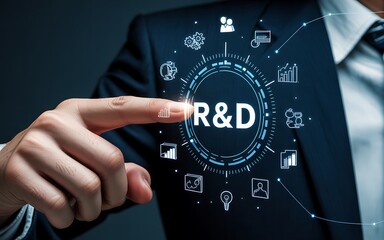 Businessman finger touching R& D digital interface with icons and data visualization hand