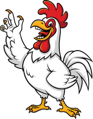 PrintCheerful cartoon rooster mascot, white chicken character with red comb and yellow beak