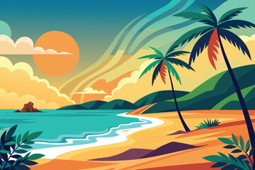  vibrant tropical beach scene at sunset with palm trees and calm ocean waves, evoking a sense of paradise and summer vacation vector illustration