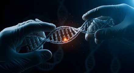 Manipulating genetic material, gloved hands meticulously holding a luminous DNA model for research