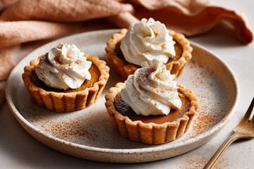 Delicious pumpkin pie tarts topped with whipped cream served on a rustic plate