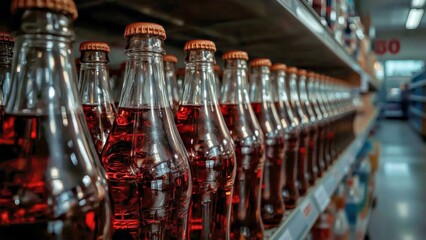 Shelf of arranged glass soda bottles with red liquid on metal retail store shelf, beverage display for supermarket shopping, blurred background with cool tones and bright lighting